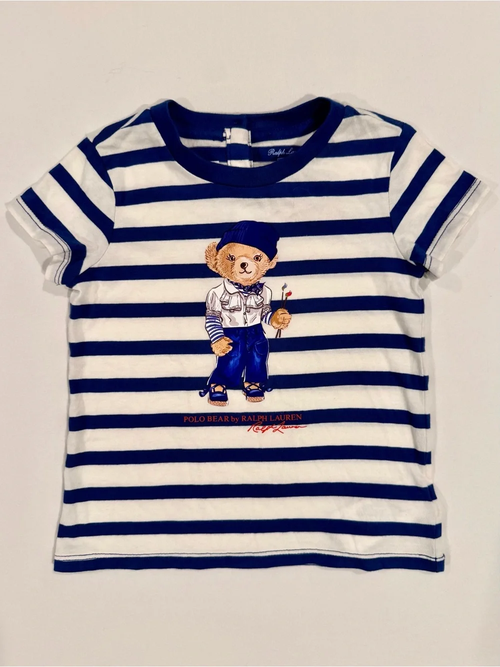 Ralph Lauren Polo Bear Tee Girls 18M Artist Striped Navy White Cotton Summer